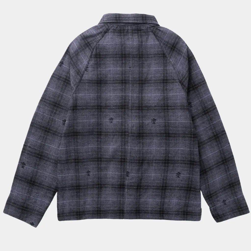 Dos de la veste de travail en flanelle : manches raglan et couture centrale au dos