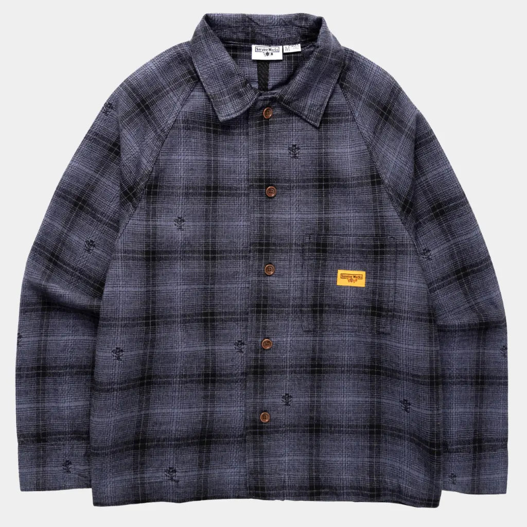 Veste de travail à plat en flanelle à carreaux gris et noir, boutons marron et poche poitrine