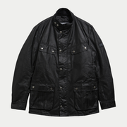 Veste cirée Duke noire Barbour International à plat, col montant, zip sous patte à pressions et quatre poches à rabat