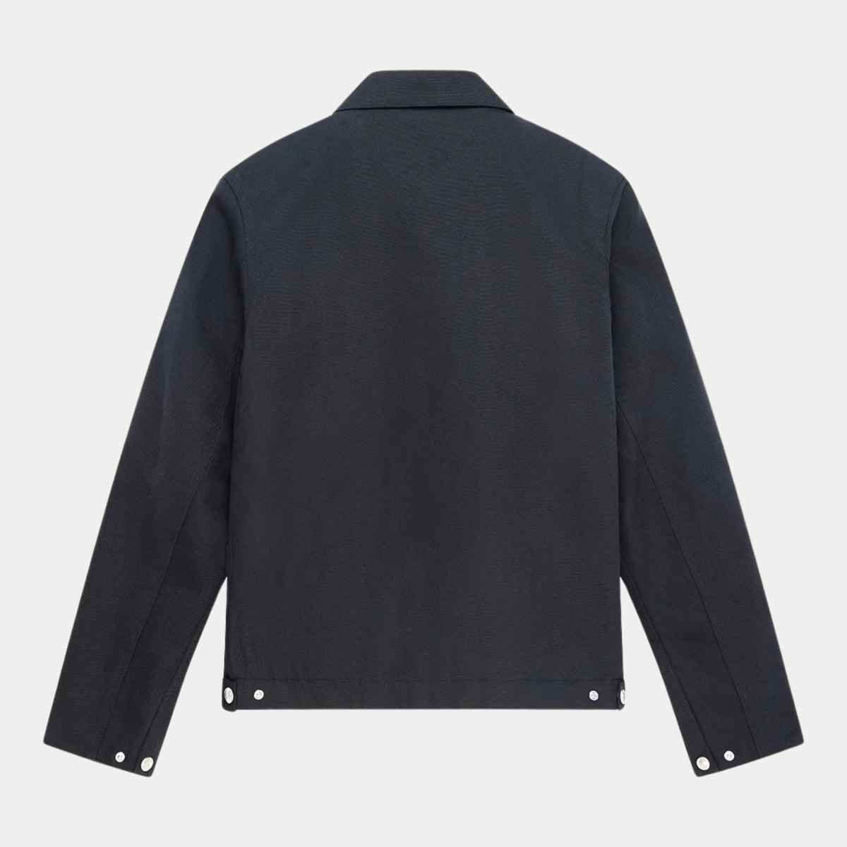 Veste Earls Work noire Deus Ex Machina, dos à plat : toile unie sans marquage, poignets et pattes d'ourlet à pressions