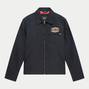 Veste Earls Work noire Deus Ex Machina, à plat de face : écusson Motor Cycles brodé, poche poitrine à zip, doublure rouge