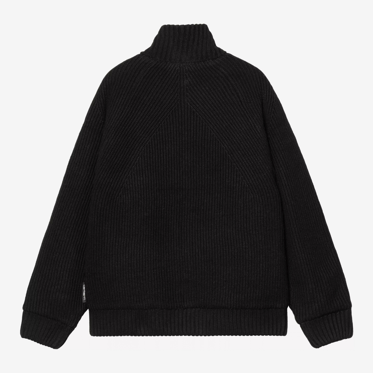 Veste en maille Banley noire Carhartt WIP à plat, de dos : grosse côte anglaise et étiquette tissée en bas