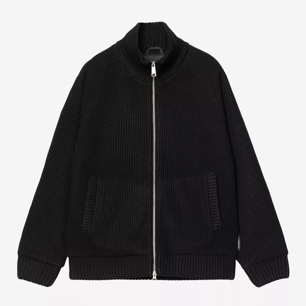 Veste en maille Banley noire Carhartt WIP à plat, face : col montant côtelé, zip argenté, deux poches passepoilées