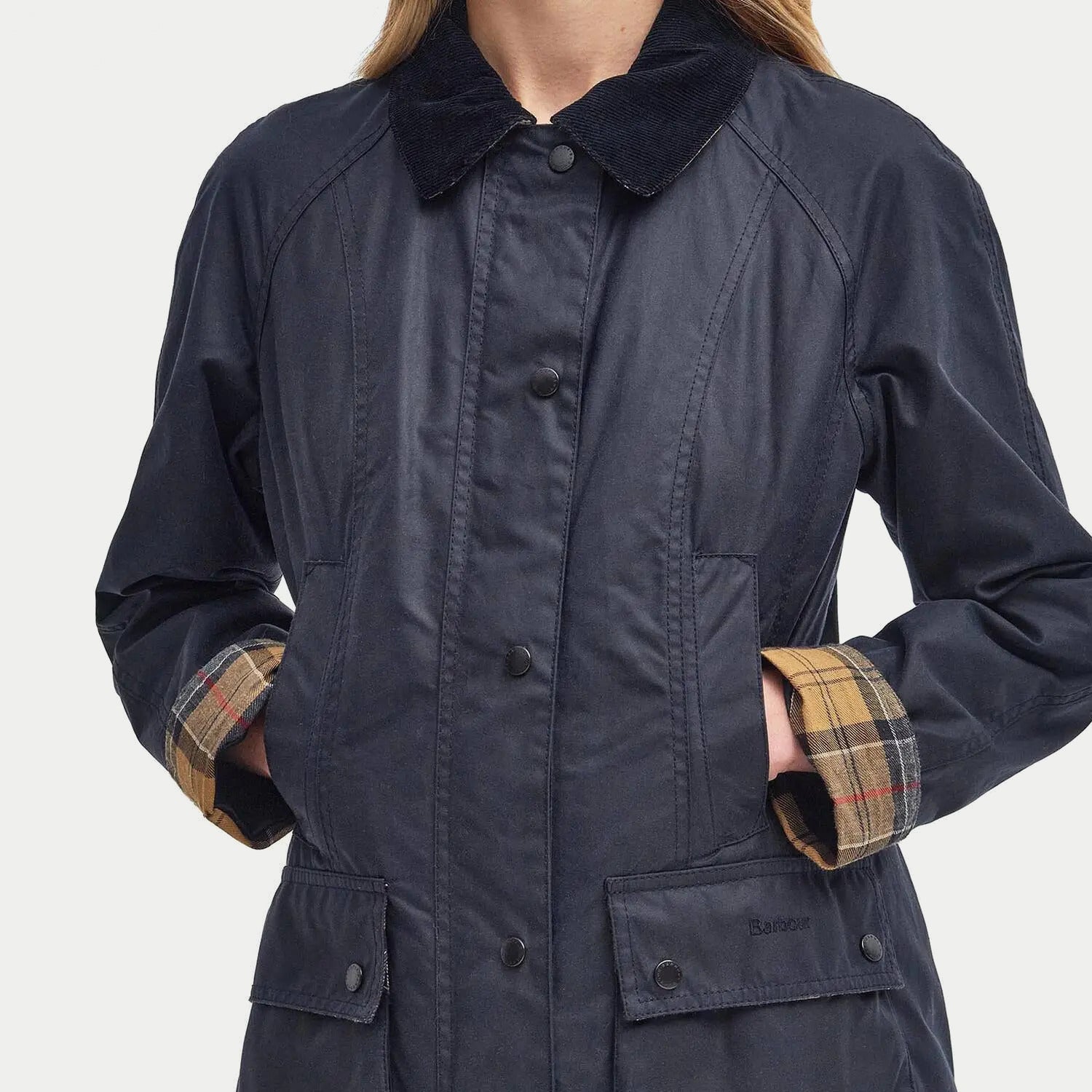 Veste Beadnell cirée bleu marine Barbour - taille et poches plaquées