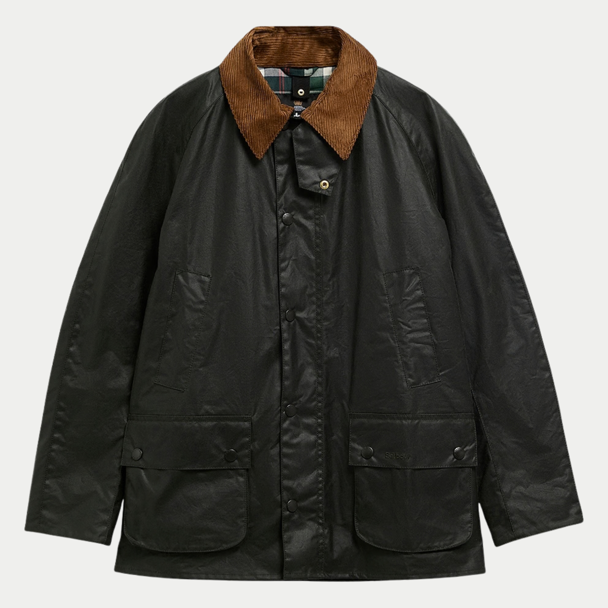 Veste cirée Barbour Festive Ashby Sage à plat, vue de face : col en velours côtelé brun et doublure tartan