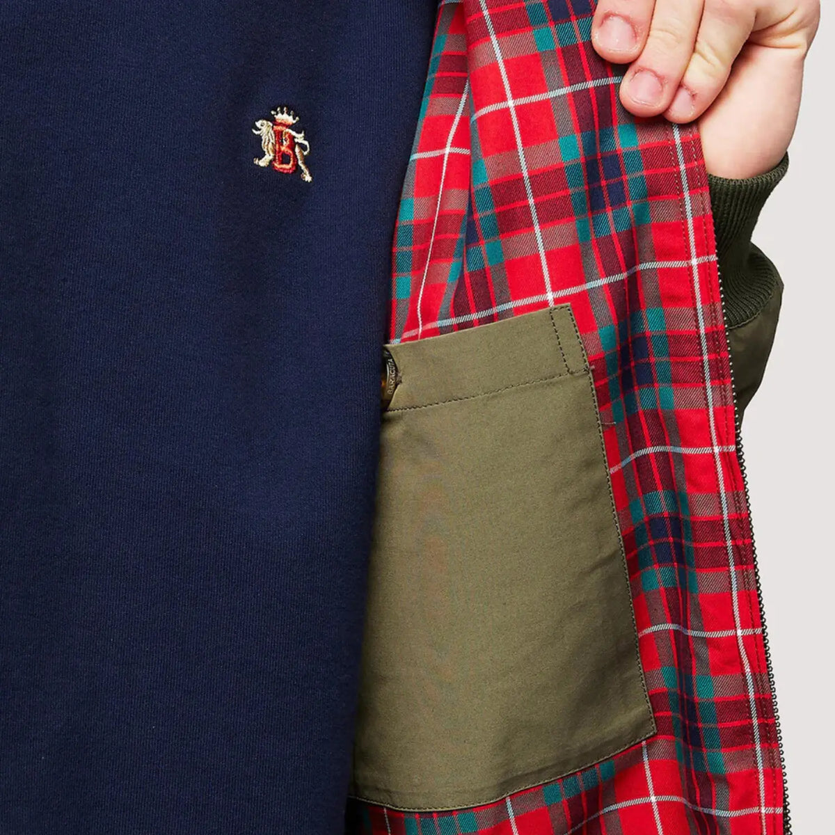 Poche intérieure plaquée du G9 Army cousue sur la doublure tartan rouge à lignes blanches