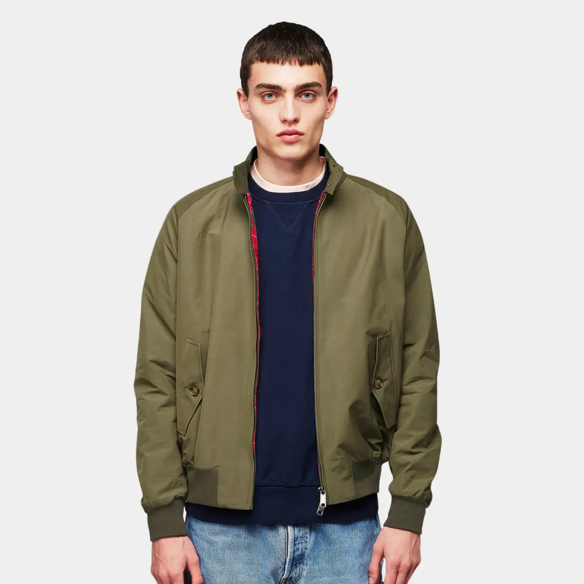 G9 Army portée ouverte de face : doublure tartan rouge le long du zip, poignets et taille côtelés
