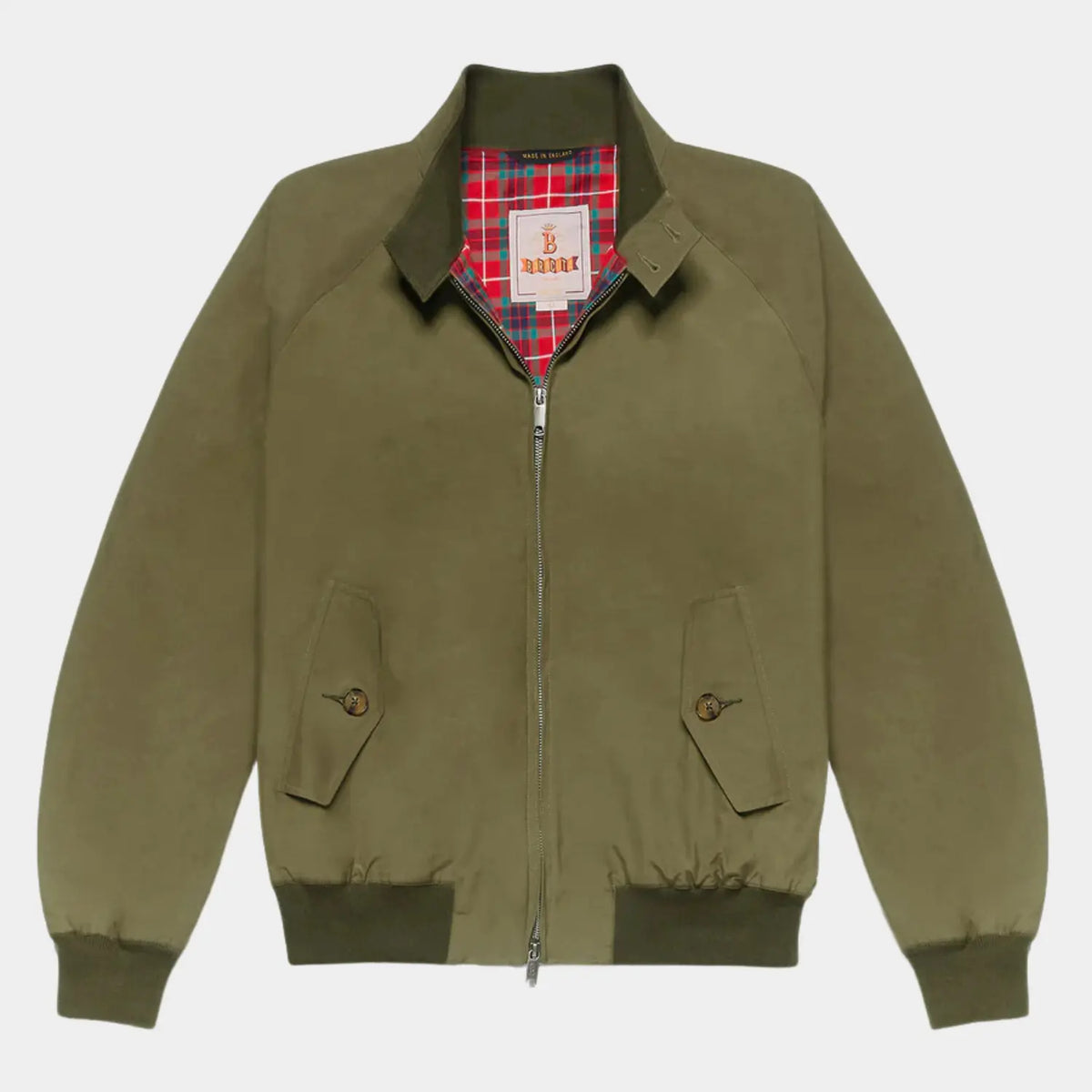 Veste G9 coloris Army, vert olive militaire, à plat : poches à rabat boutonnées et doublure tartan rouge visible