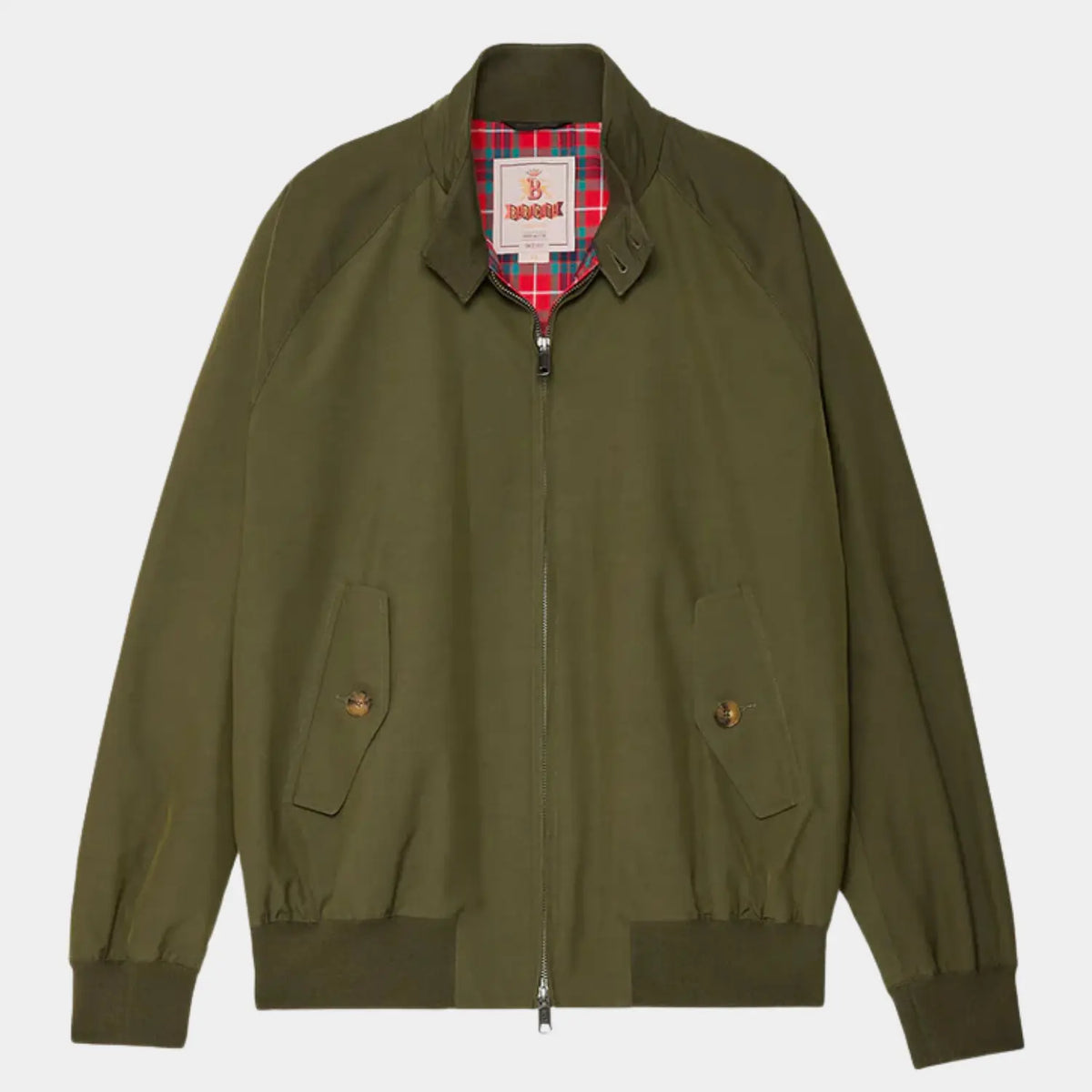 Veste G9 coloris Beech, kaki foncé, à plat : col ouvert sur la doublure tartan Fraser rouge et verte