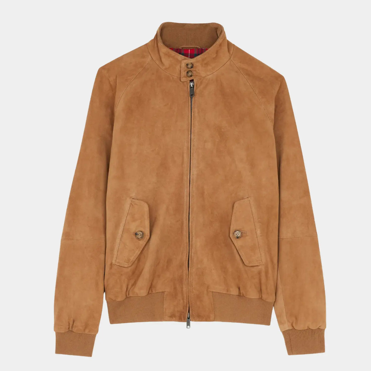 Veste G9 en daim caramel coloris Tobacco, à plat : col à patte deux boutons, poches à rabat et bas côtelé