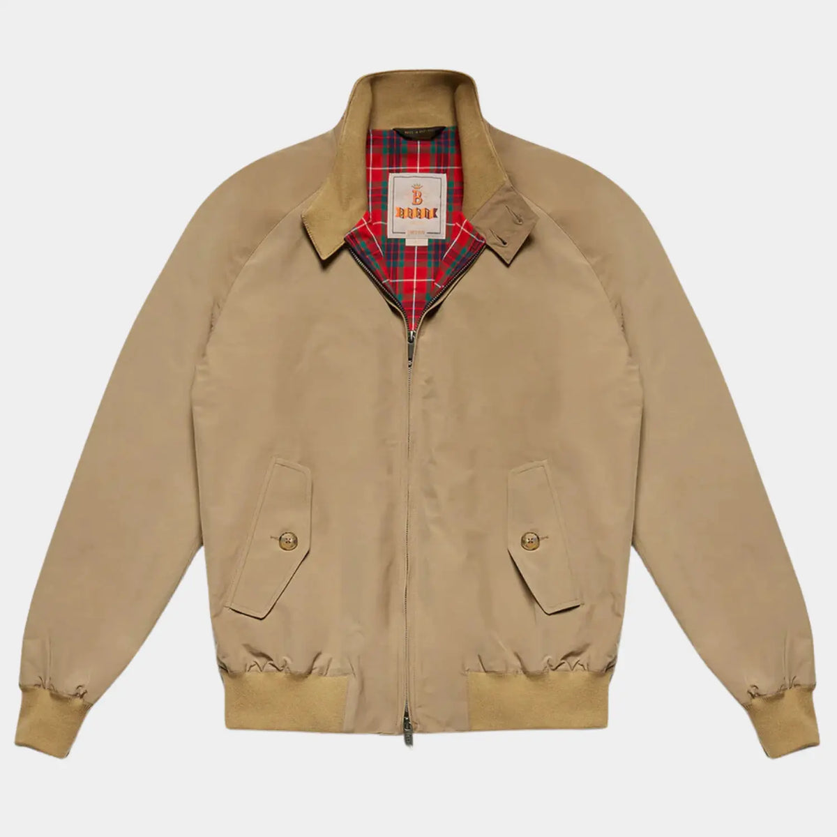Veste G9 coloris Tan, beige sable, à plat : col relevé sur la doublure tartan rouge, poches à rabat boutonnées