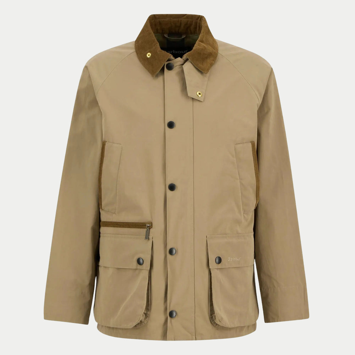 Veste Bedale Casual beige sable à plat, col en velours côtelé brun, poche zippée et deux poches à rabat.
