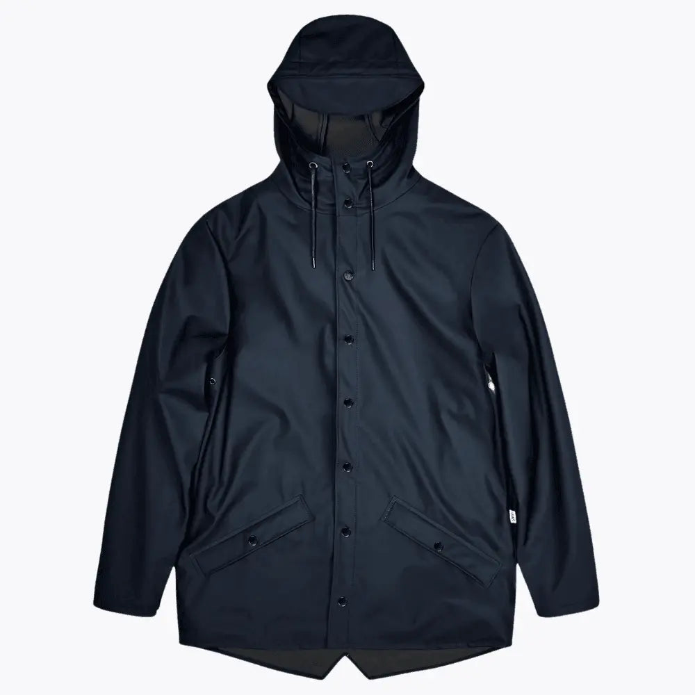 Jacket Bleu Marine à plat, capuche relevée, sept pressions et poches à rabat biaisées