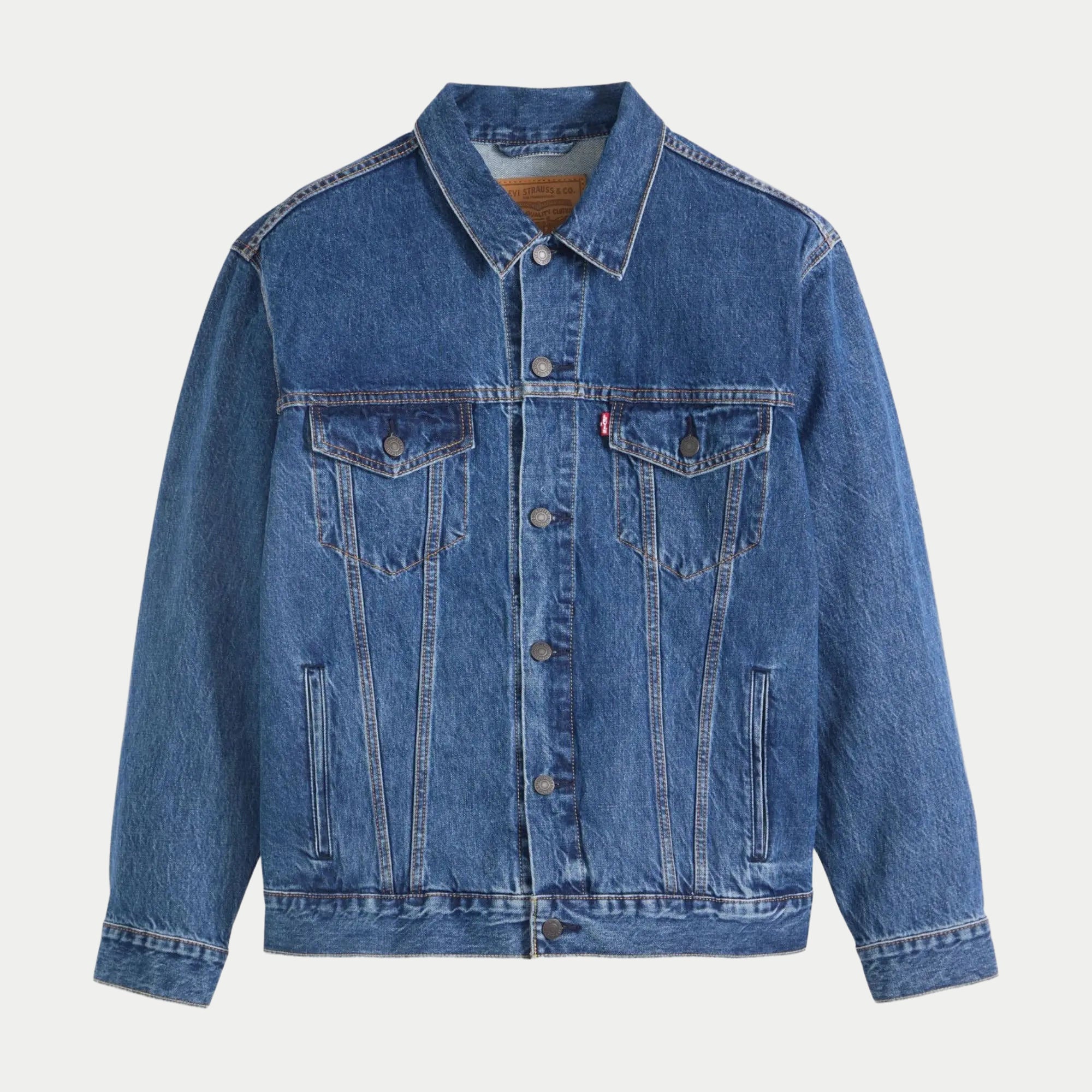Veste Levi's Trucker Relaxed Fit Million Dollar, denim bleu moyen délavé, vue à plat de face boutonnée