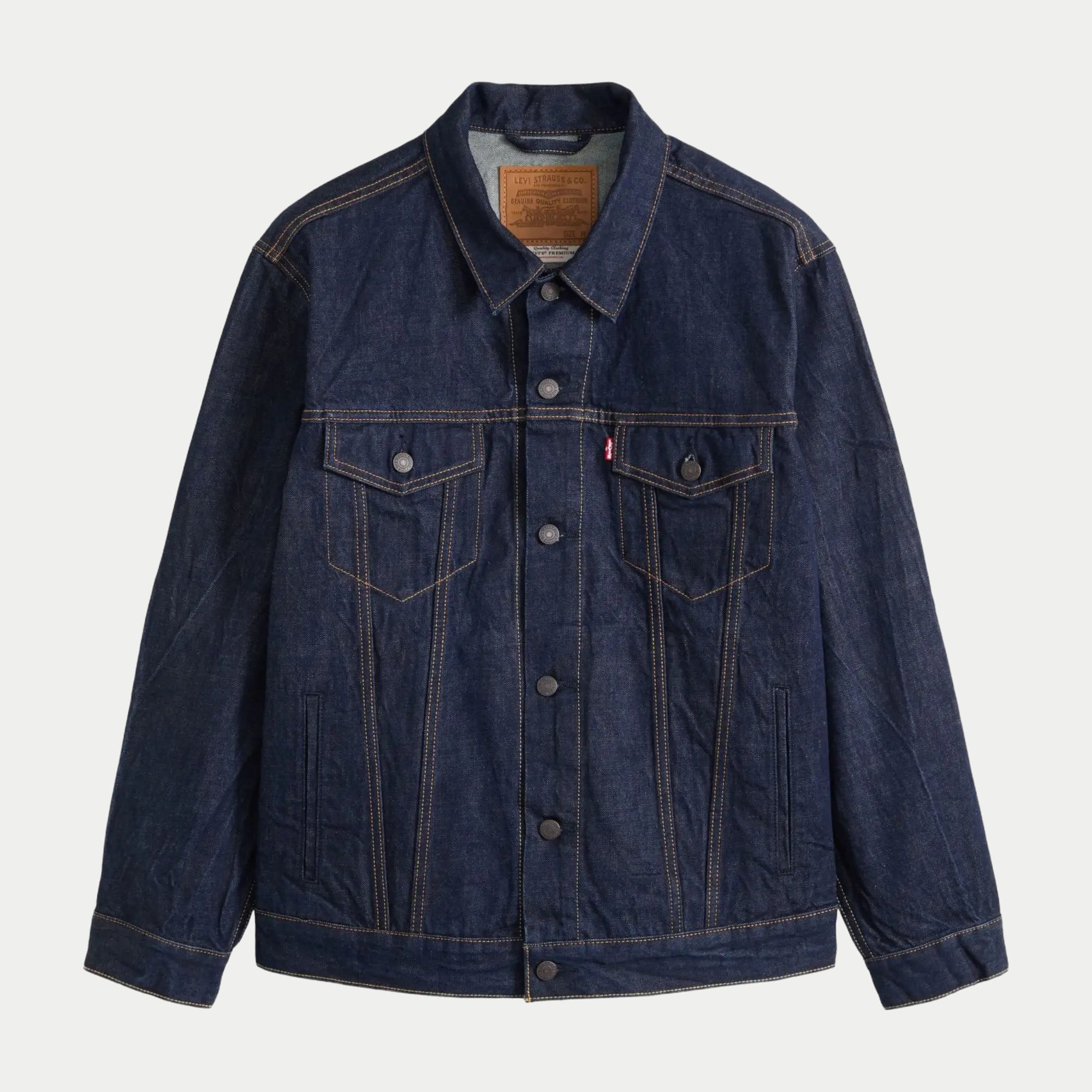 Veste Trucker Relaxed Fit Levi's Wash It Out Rinsed, denim indigo brut, vue à plat de face boutonnée