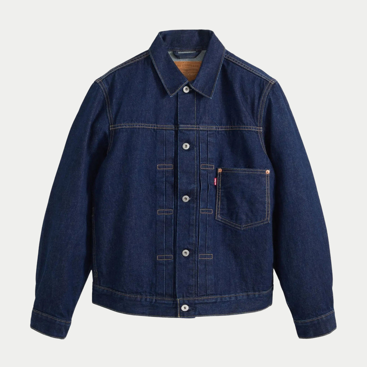Veste Levi's Type I Trucker New Selvedge Rinse T à plat, face avant, denim indigo rincé et surpiqûres orangées