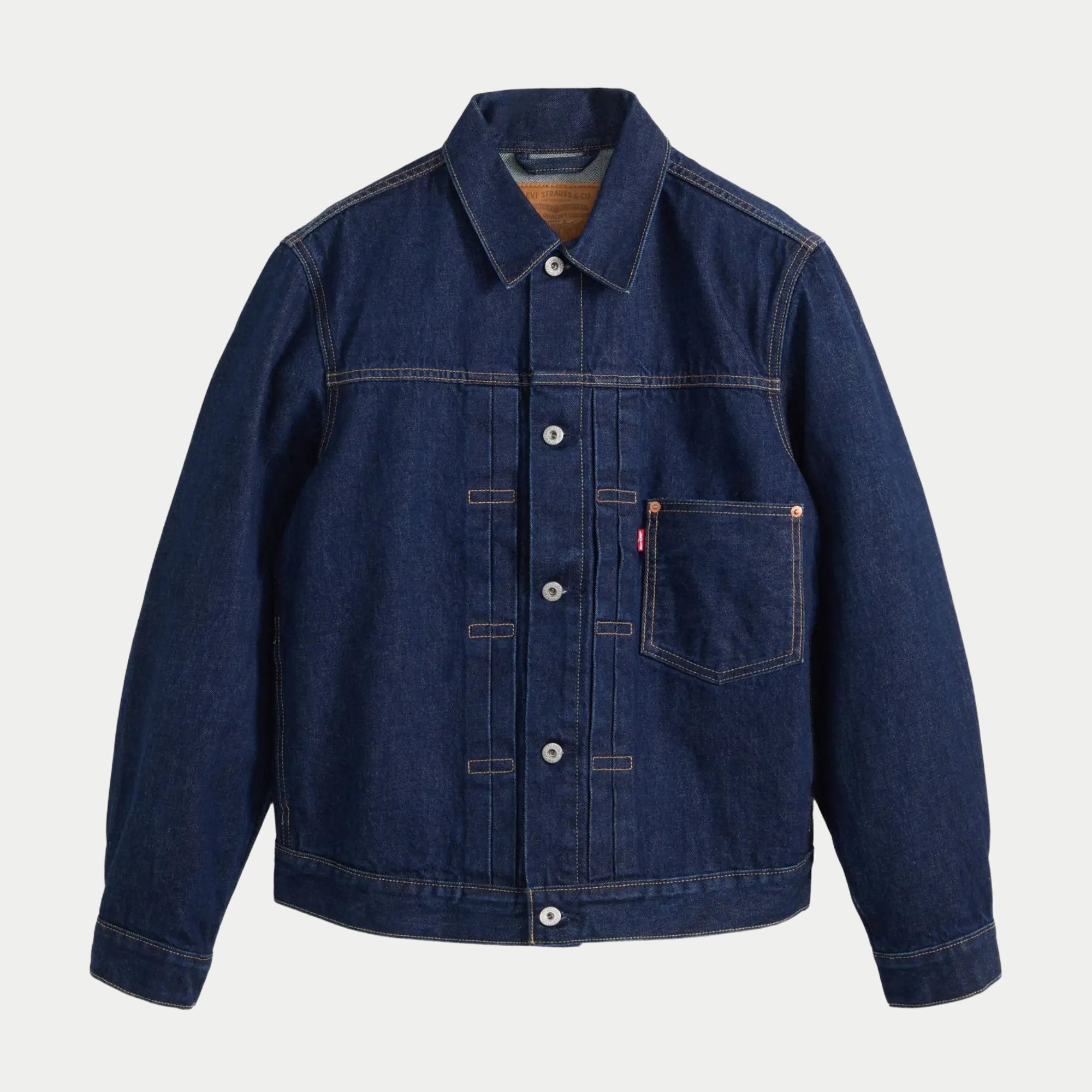 Veste Levi's Type I Trucker New Selvedge Rinse T à plat, face avant, denim indigo rincé et surpiqûres orangées