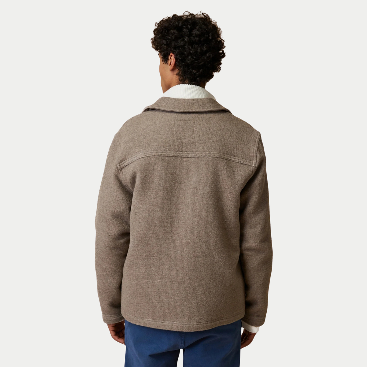 Dos de la veste Lorge Laine beige chiné Faguo, empiècement d'épaules et coupe droite