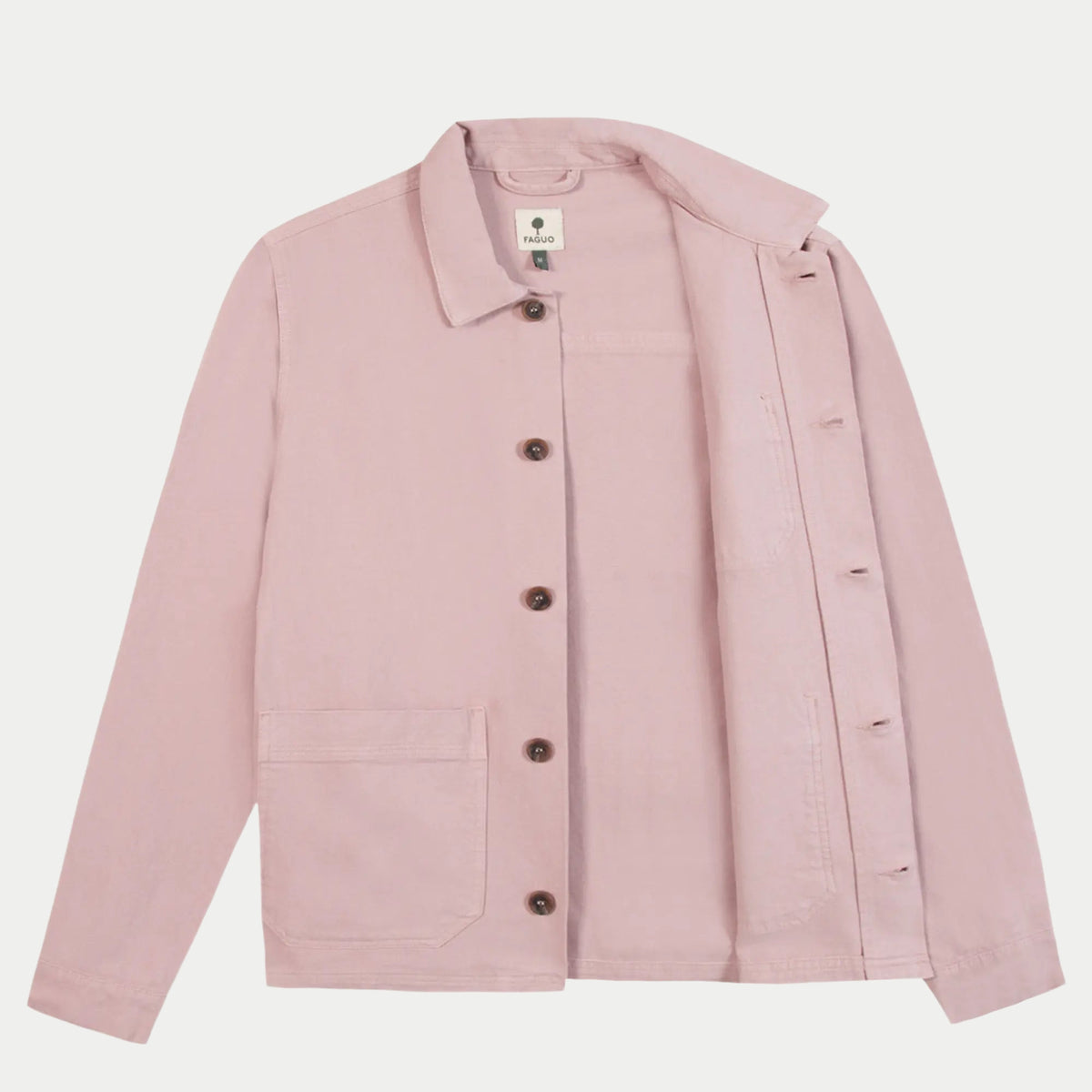 Veste Lorge rose à plat, un pan rabattu montrant la boutonnière et l'intérieur