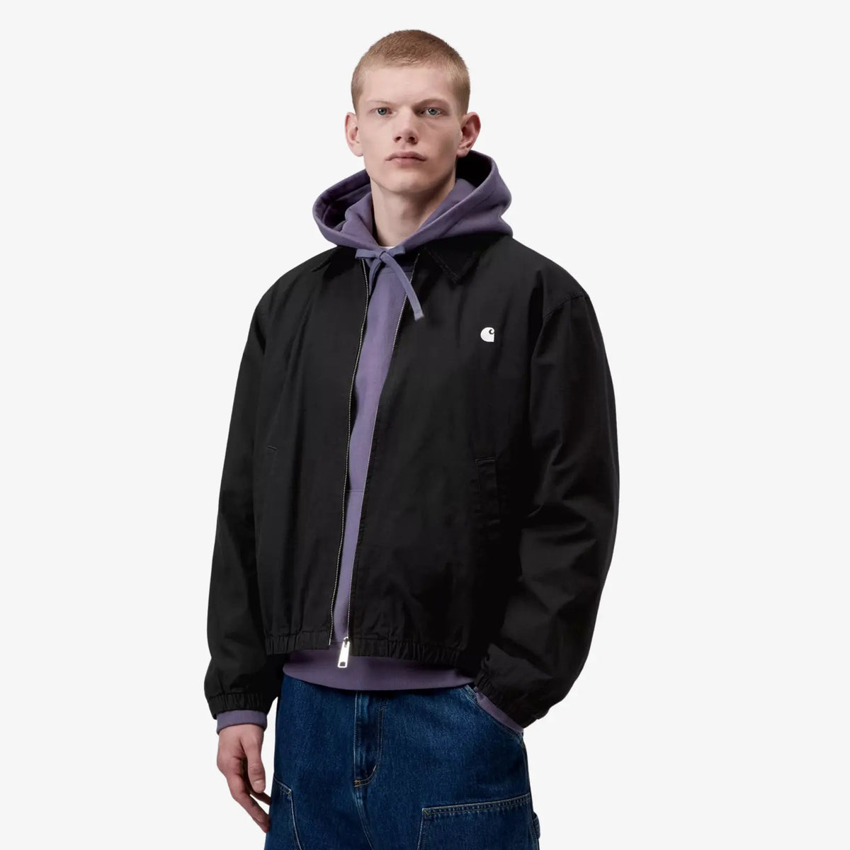 Blouson Madison Ripstop porté ouvert, zip argenté pleine longueur et col de velours rabattu sur l'épaule