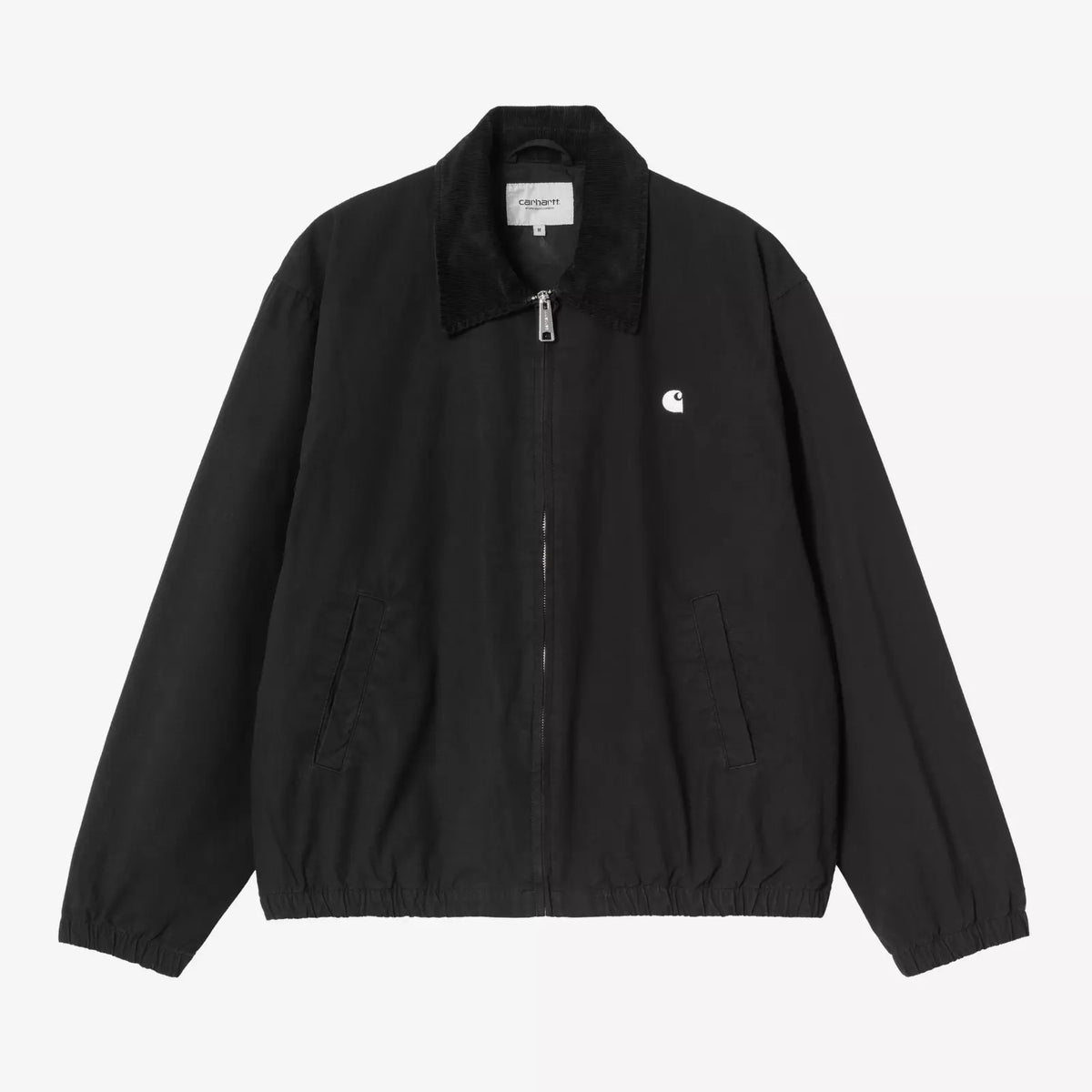 Blouson Madison Ripstop noir à plat, col en velours côtelé, logo C brodé blanc et poches passepoilées