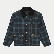 Veste Marsden Hunting Deus Ex Machina à carreaux vert et bleu marine de face, col en velours côtelé noir et pin’s