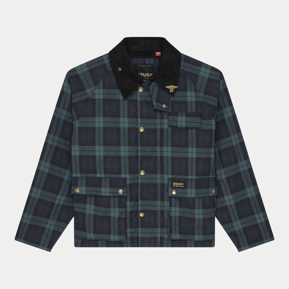 Veste Marsden Hunting Deus Ex Machina à carreaux vert et bleu marine de face, col en velours côtelé noir et pin’s