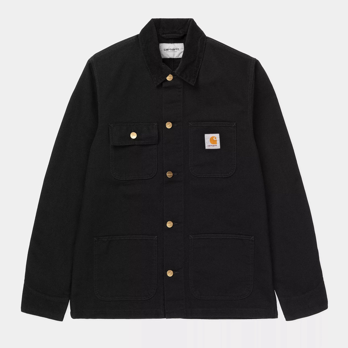 Veste Michigan Carhartt WIP noire à plat, toile de coton, col en velours côtelé et pressions laiton