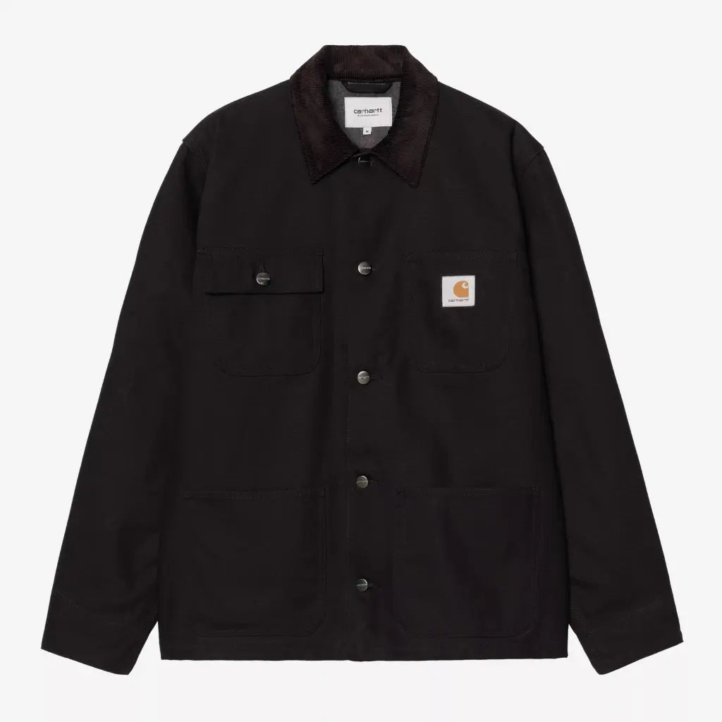 Veste Michigan Winter Carhartt WIP en toile noire Black Rigid à plat : col velours, 5 pressions, 4 poches