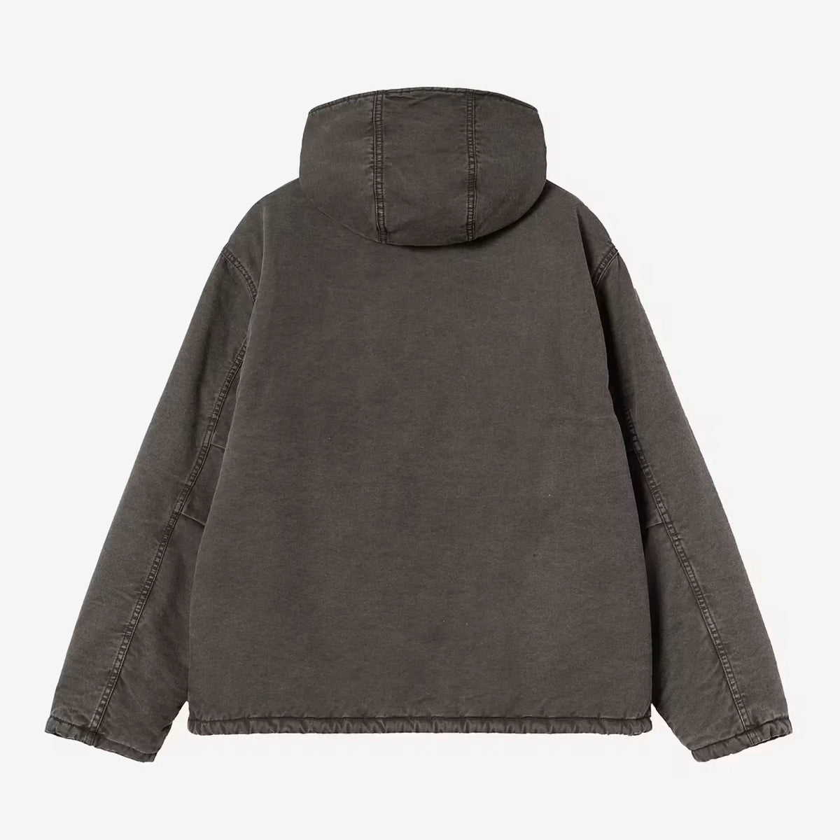 Dos à plat de la veste Mitch Hubbard brun-gris délavé, capuche rabattue et bas resserré élastiqué