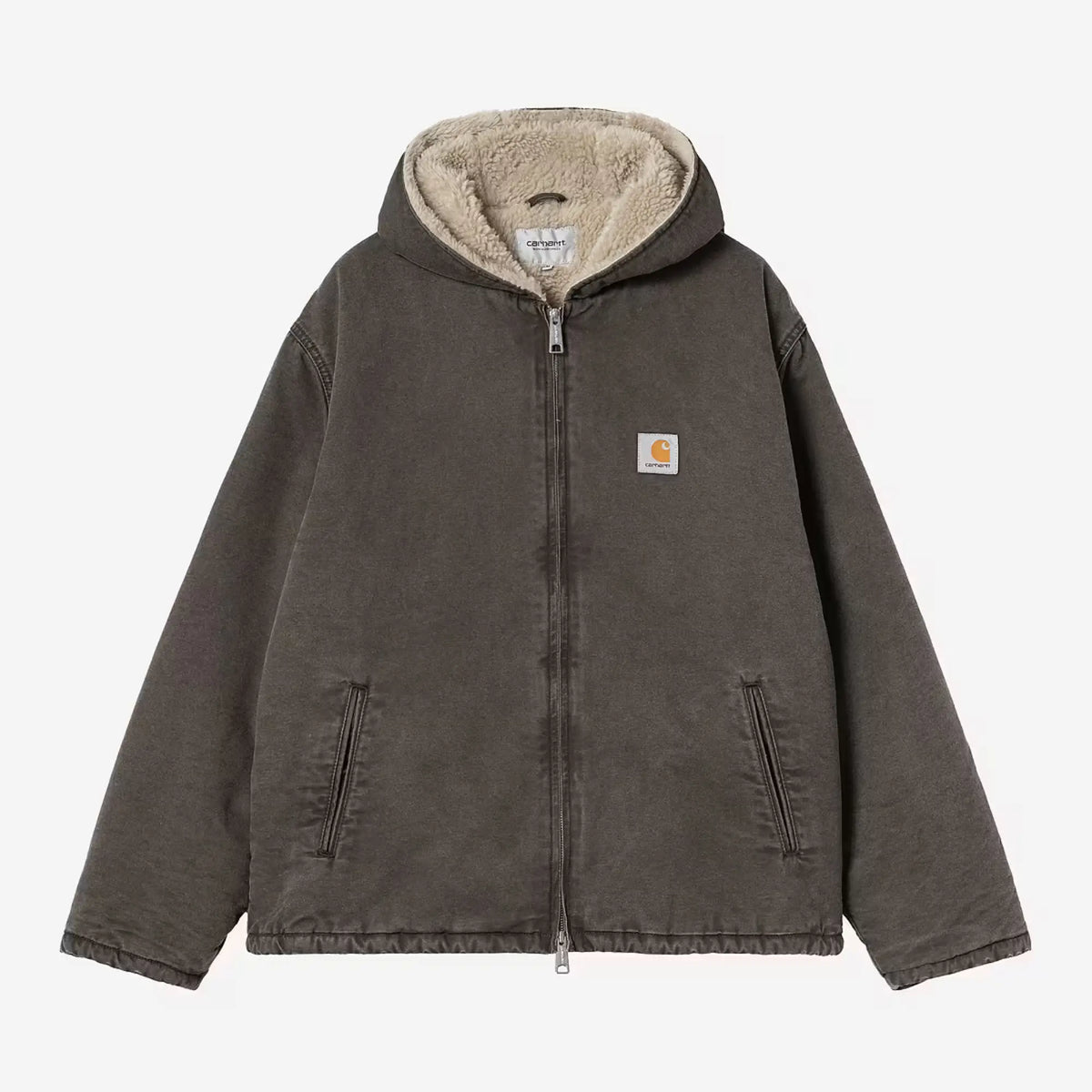 Veste Mitch Hubbard Carhartt WIP brun-gris délavé à plat, capuche doublée sherpa écru et zip argenté
