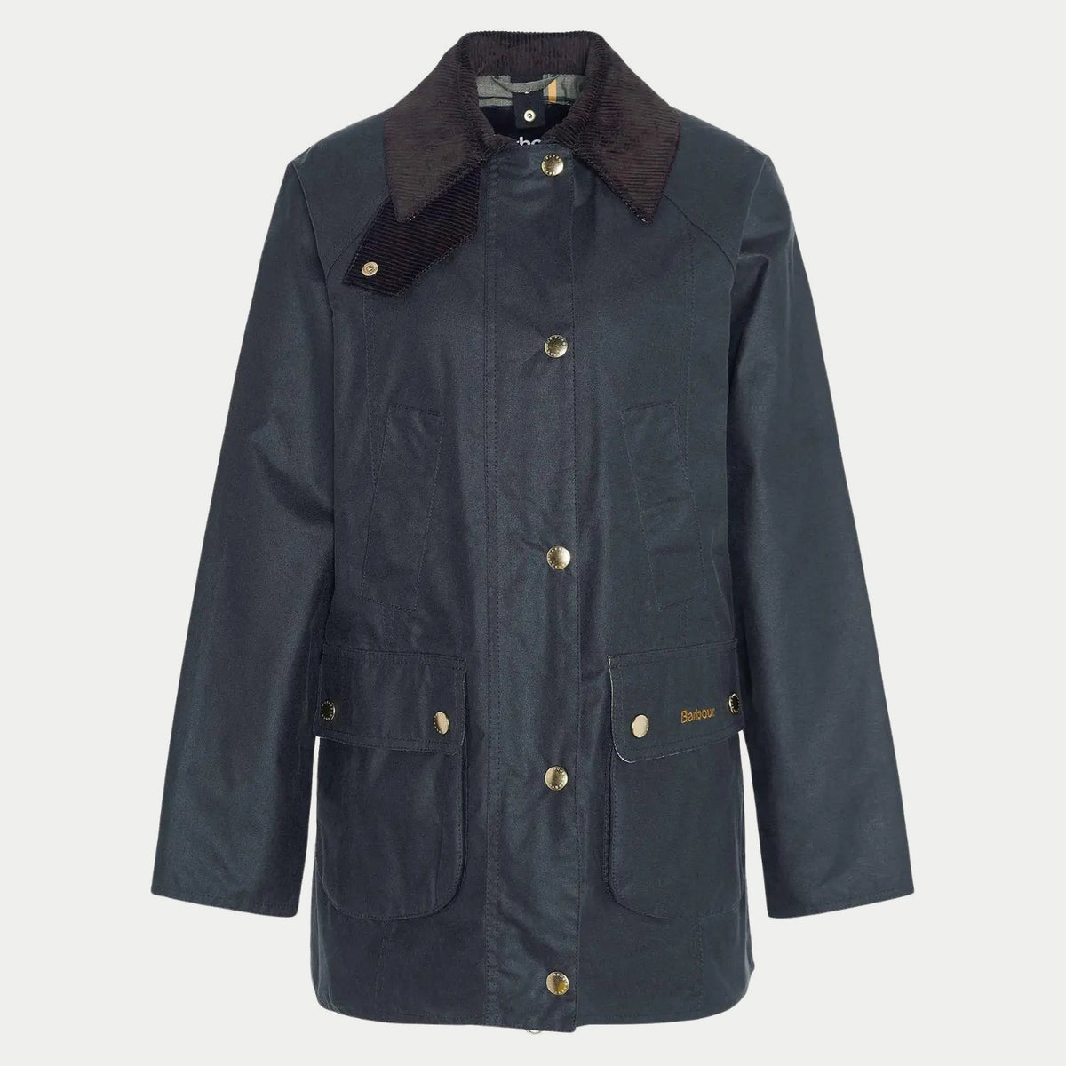 Veste cirée Barbour Modern Beadnell Sage, col en velours côtelé brun surdimensionné, vue de face à plat