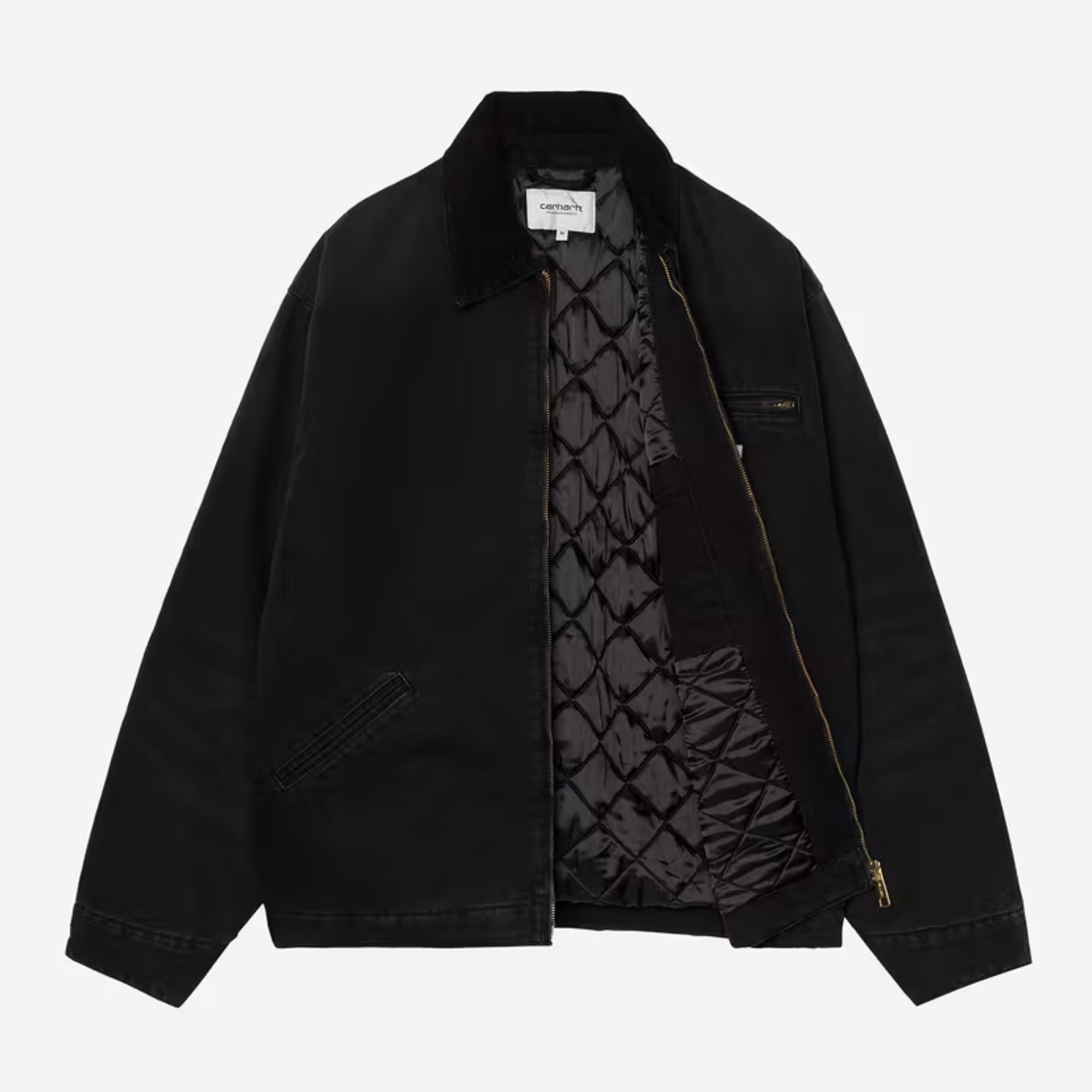 Veste OG Detroit Black Stone Canvas ouverte sur sa doublure matelassée losanges noire et sa poche intérieure.