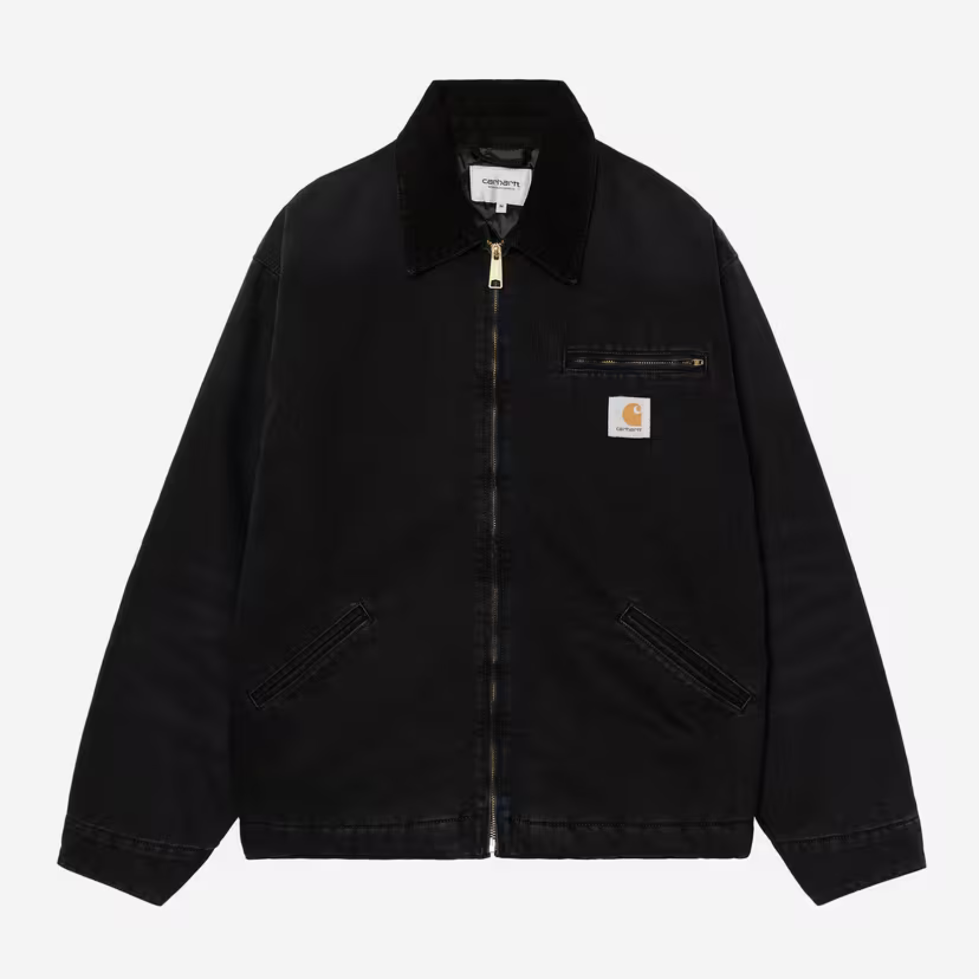 Veste OG Detroit Black Stone Canvas Carhartt WIP à plat de face, col en velours côtelé et zip laiton.