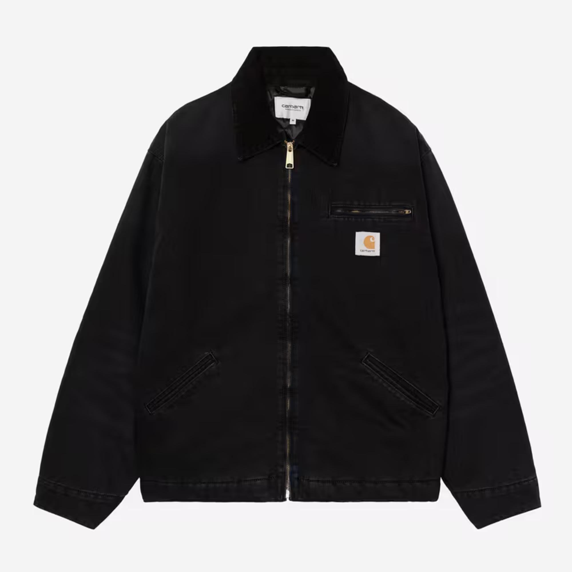 Veste OG Detroit Black Stone Canvas Carhartt WIP à plat de face, col en velours côtelé et zip laiton.