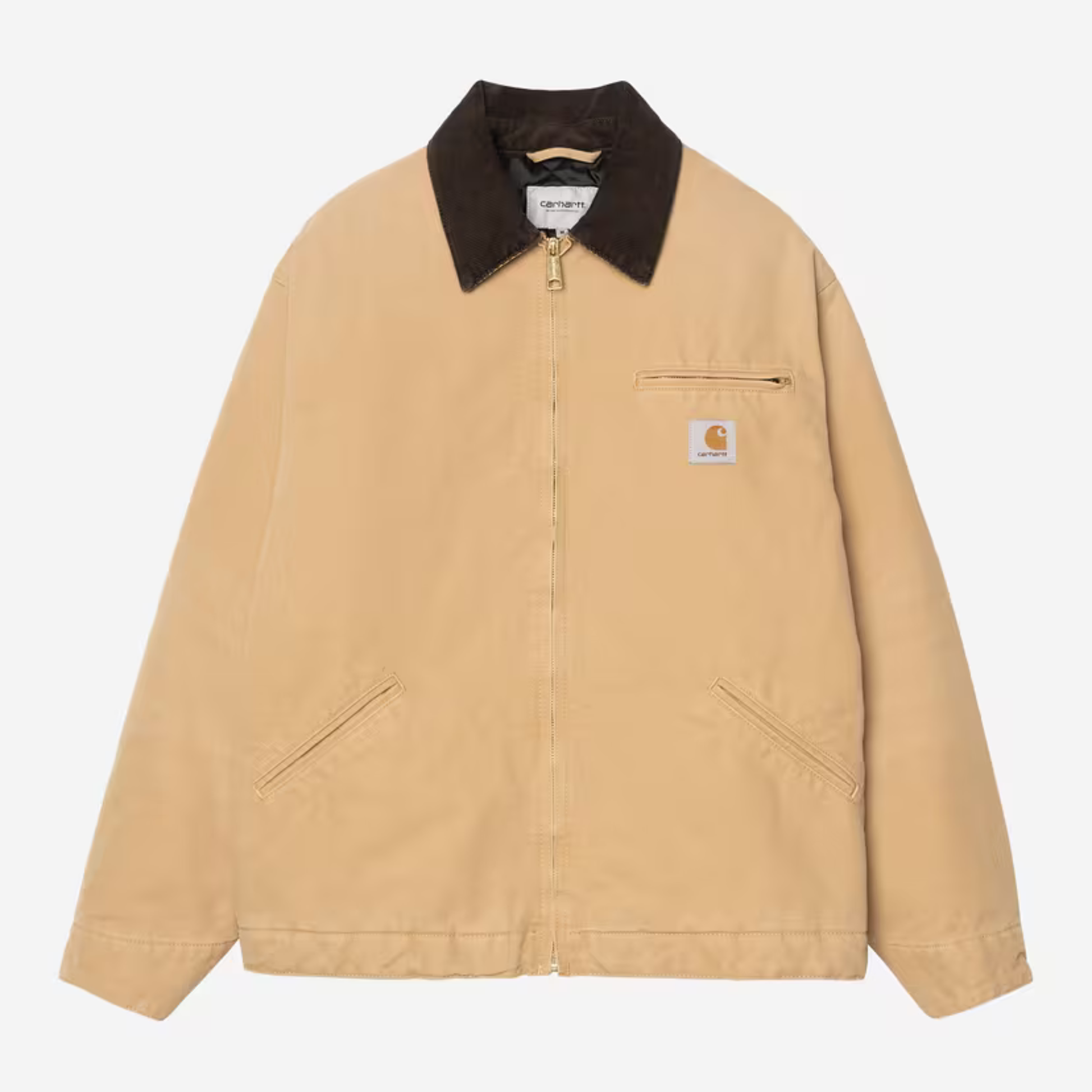 Veste OG Detroit WIP Dusty H Stone Canvas Carhartt WIP à plat de face, toile beige camel et col velours tabac.