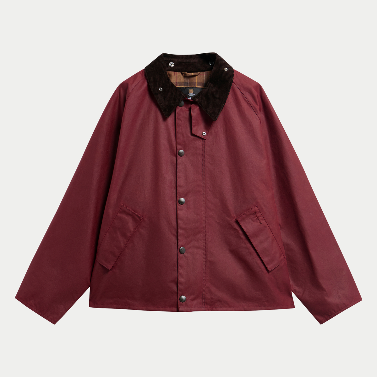 Veste cirée Barbour OS Transport Biking Red à plat, vue de face, col en velours côtelé marron foncé