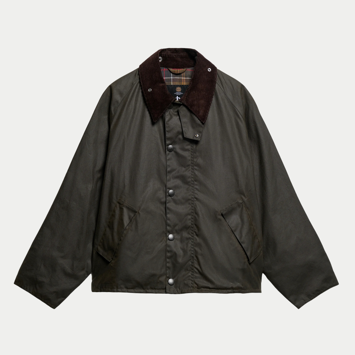 Veste cirée OS Transport Olive Barbour à plat de face, col en velours côtelé marron et patte de gorge