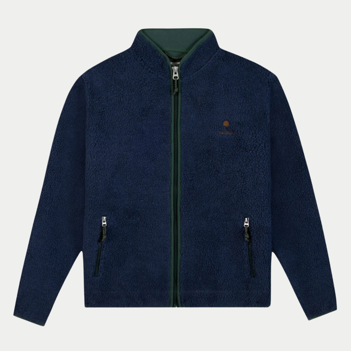 Veste polaire Senonche Faguo Bleu Marine en sherpa, vue de face : zip intégral, deux poches zippées et liserés verts