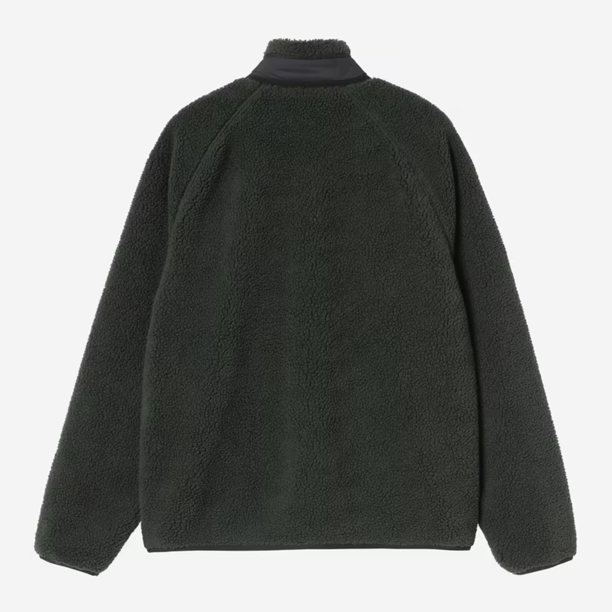 Dos à plat de la veste polaire Prentis Raven, pile vert sapin uni et col montant doublé de nylon.