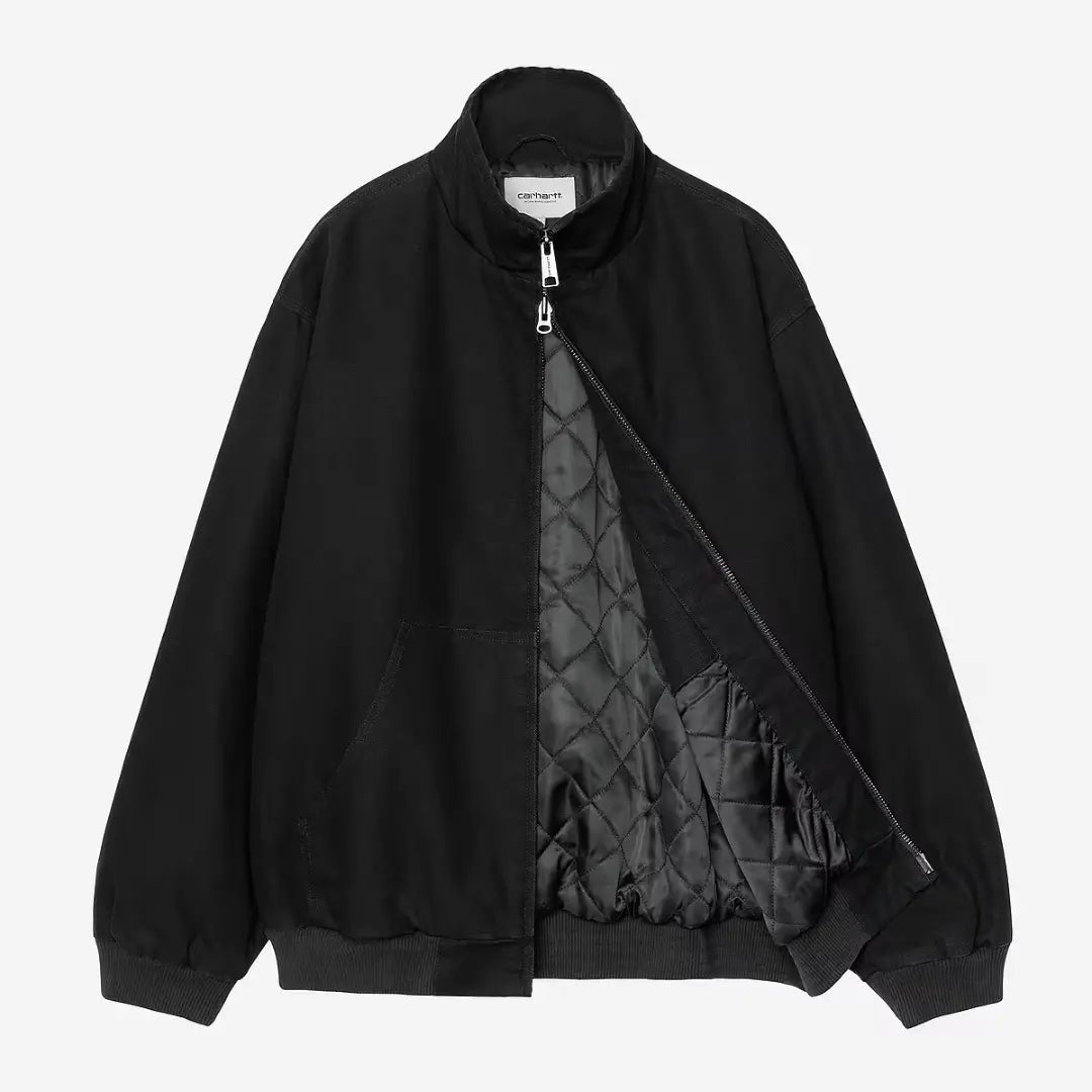 Veste Ravon noire ouverte à plat, doublure matelassée à losanges satinée, poignets et taille côtelés