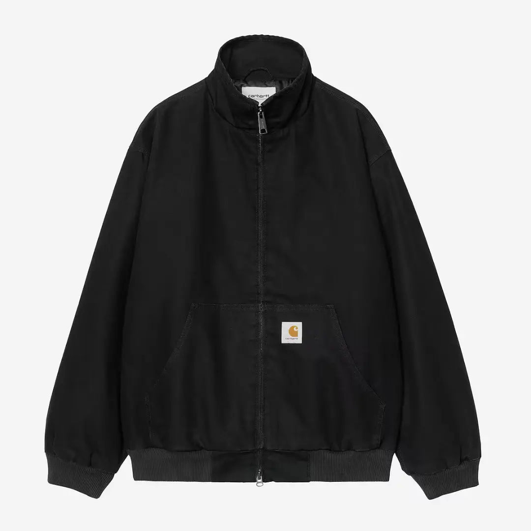 Veste Ravon noire à plat de face, zip fermé, col montant et poche ventrale marquée du Square Label blanc