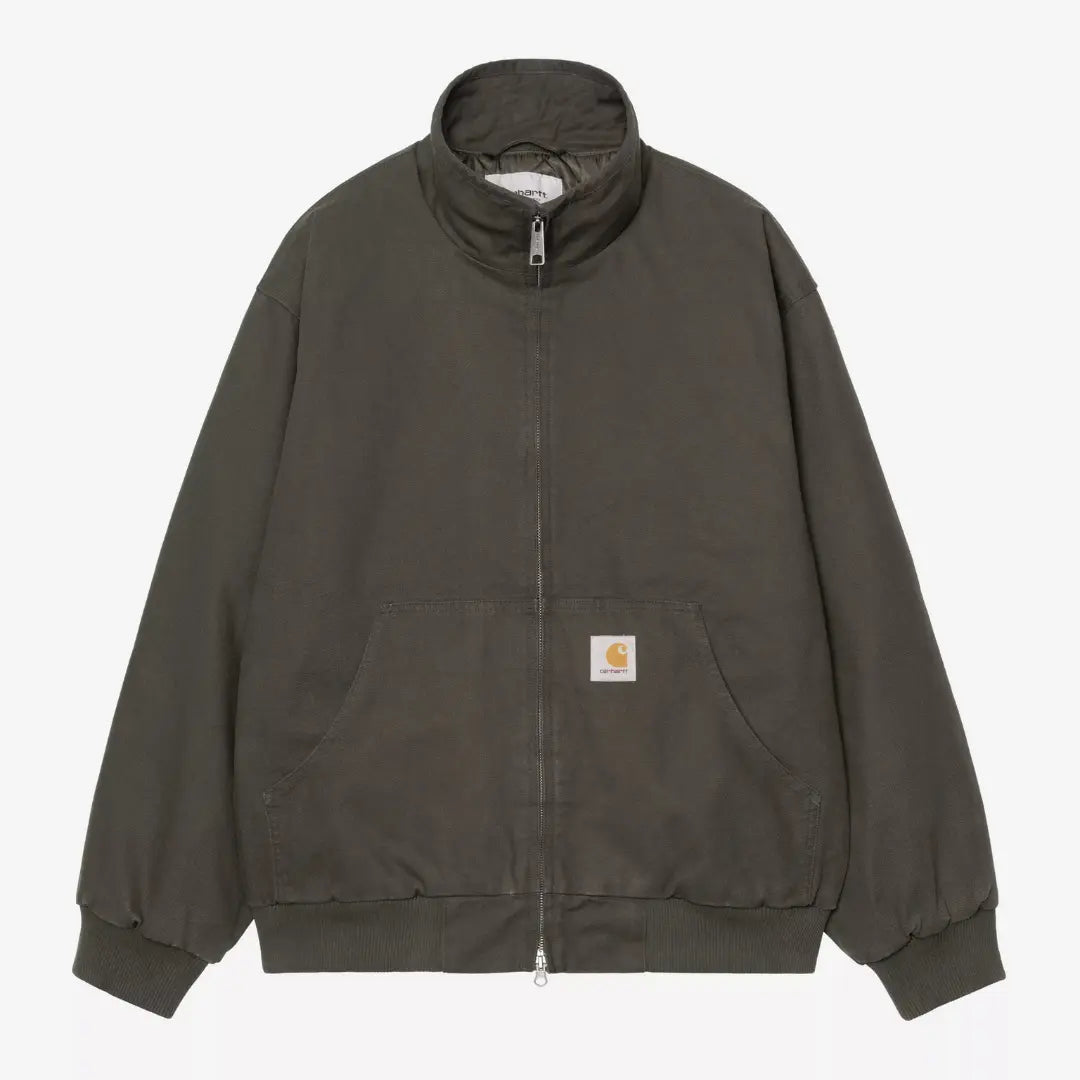 Veste Ravon Oxide Green à plat de face, zip fermé, col montant et Square Label sur la poche ventrale