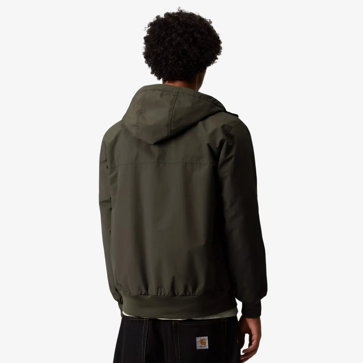 Dos du blouson Sail Cypress porté, capuche rabattue, découpe d'empiècement et bas en bord-côte olive