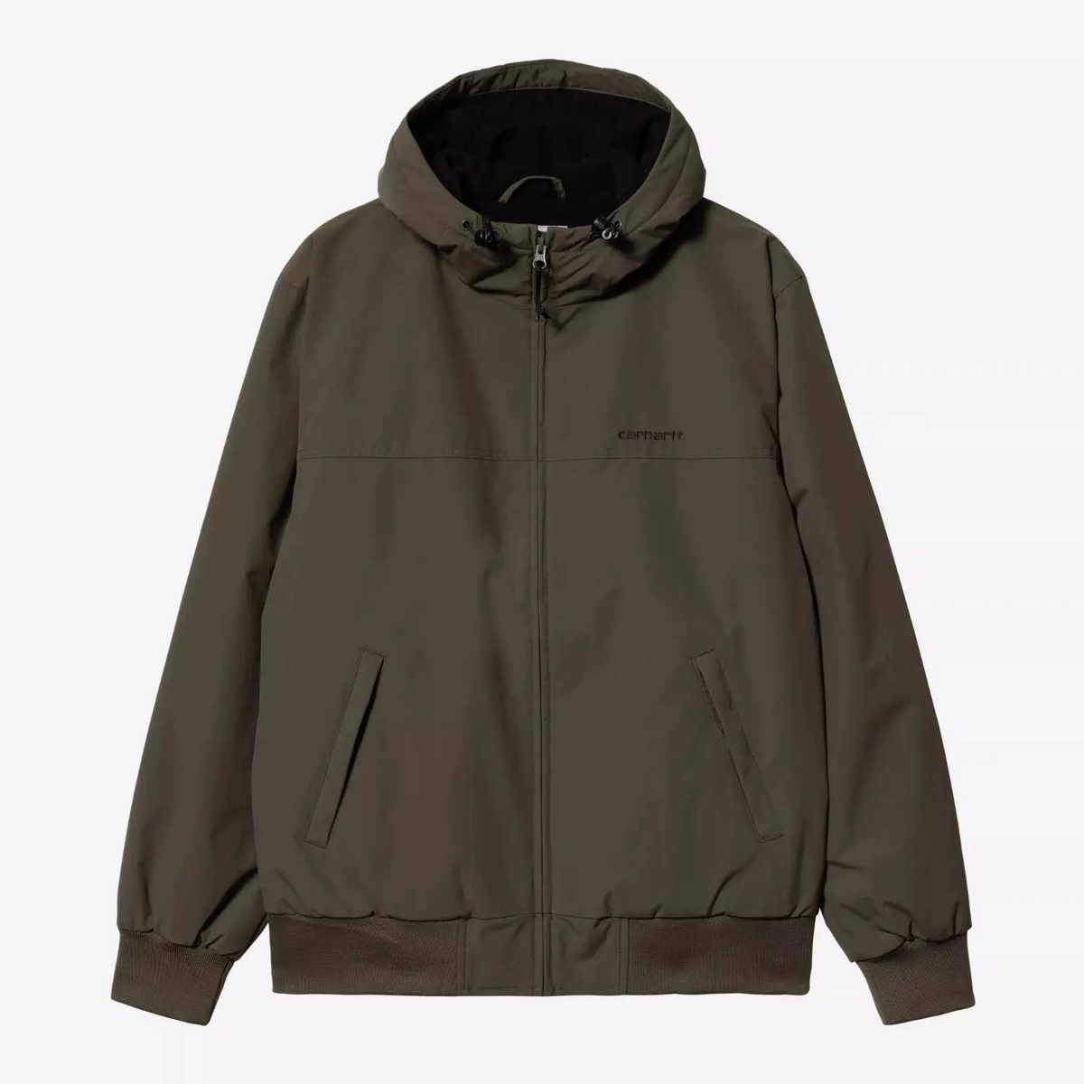 Blouson Sail olive foncé à plat de face, capuche à cordons, poches passepoilées inclinées et bas côtelé