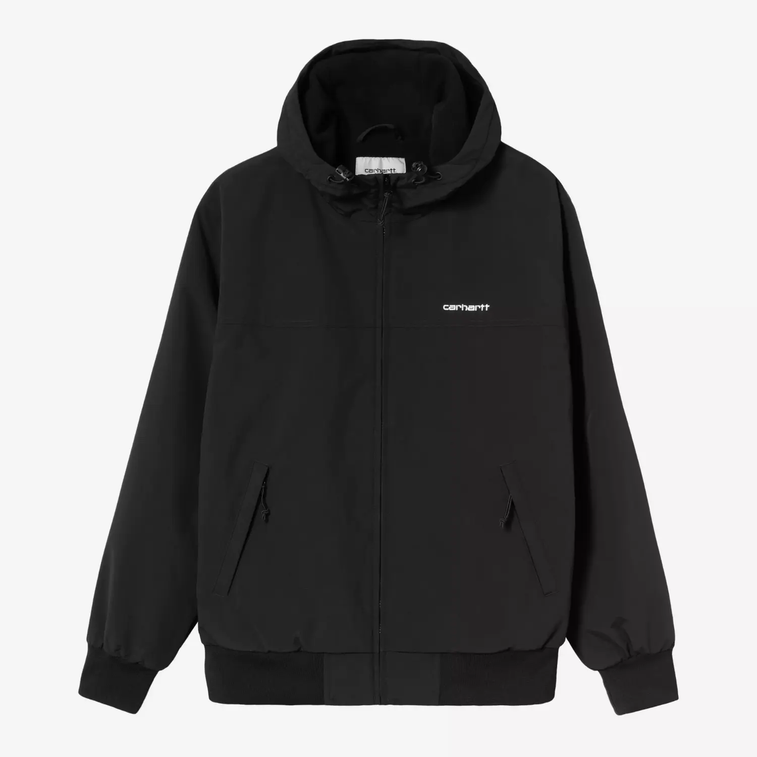 Veste Sail Carhartt WIP noire, vue de face à plat, capuche, zip central et deux poches zippées en biais