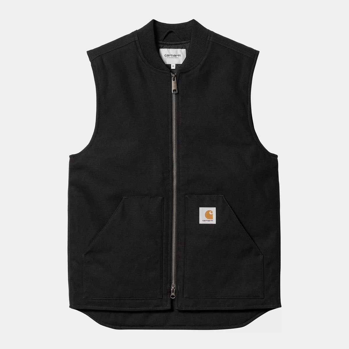 Veste sans manches Carhartt WIP en toile noire Black Rigid, vue de face à plat, col côtelé et zip fermé