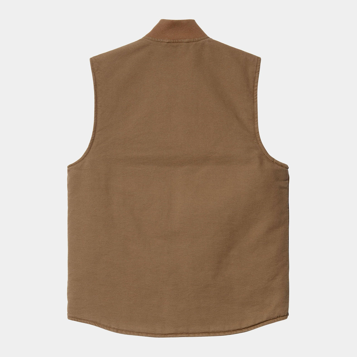 Dos de la veste sans manches brun caramel, toile unie, emmanchures piquées et bas arrondi en queue de chemise
