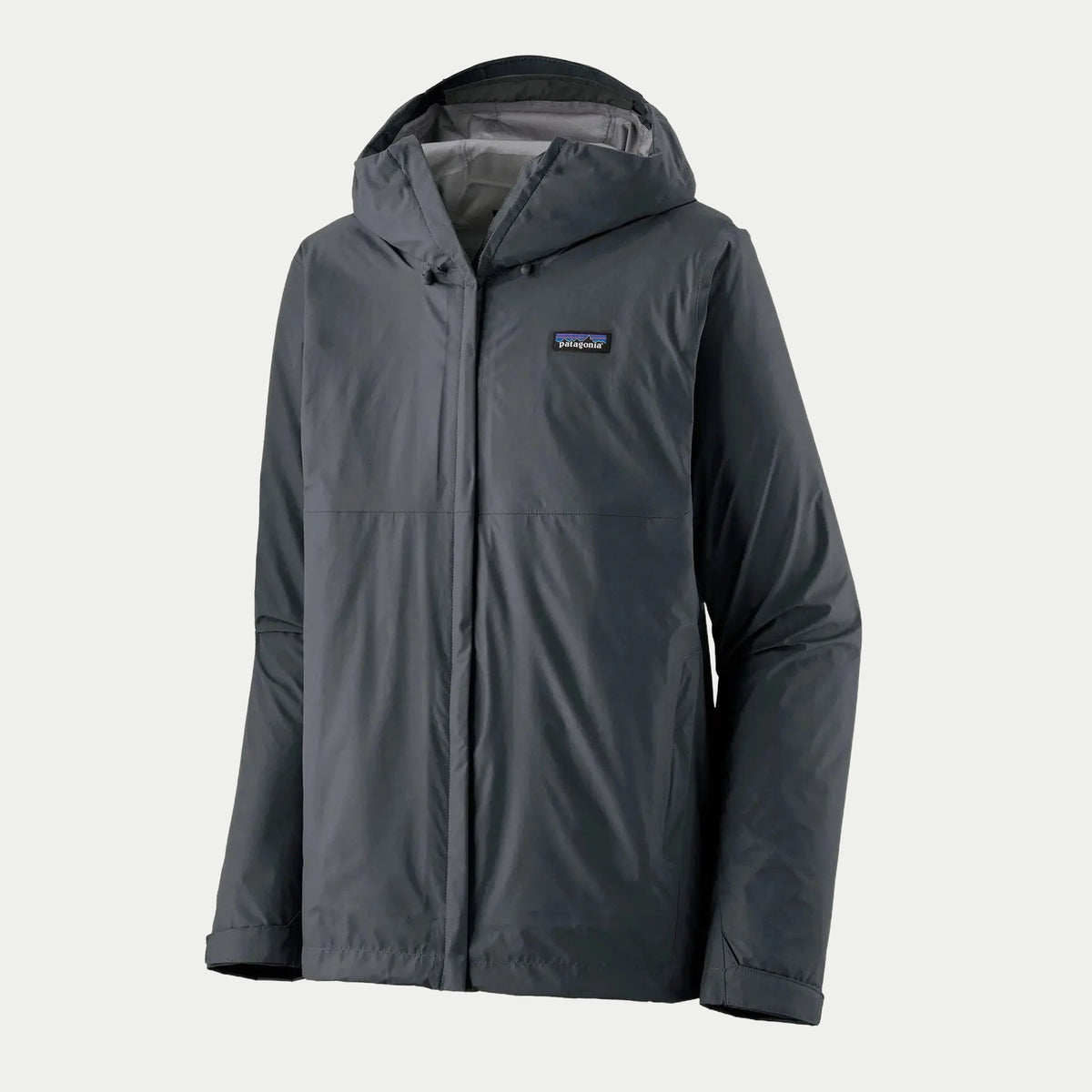 Veste Torrentshell 3L Smolder Blue Patagonia - à-plat de face, capuche relevée, rabat tempête sur le zip