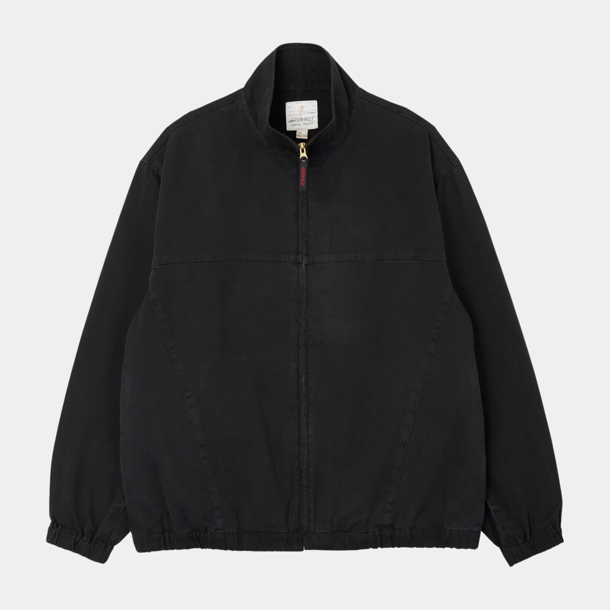 Veste Twill Around Noire Gramicci - packshot face, col montant, zip laiton et étiquette Original Freedom